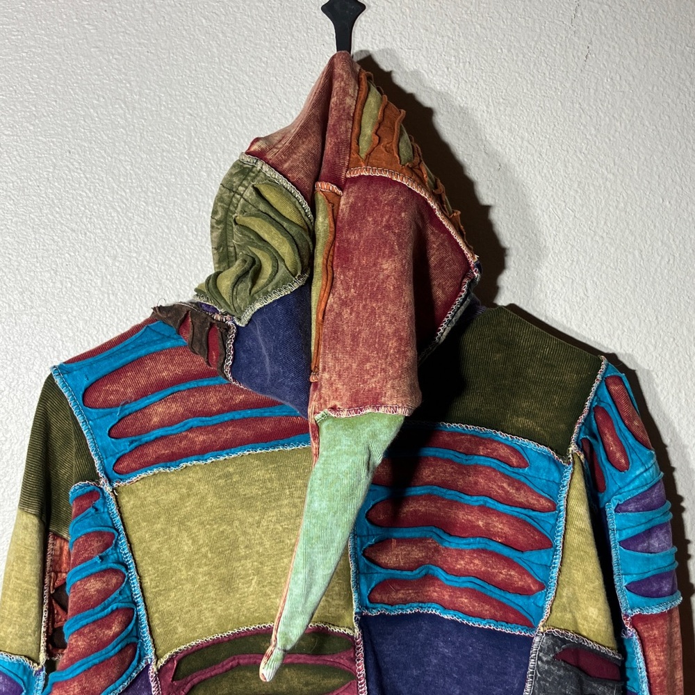 KPC Colorful Boho Gypsy Patchwork Zip Jacket Liripipe Style Hood & Front Pockets - Picture 4 of 8